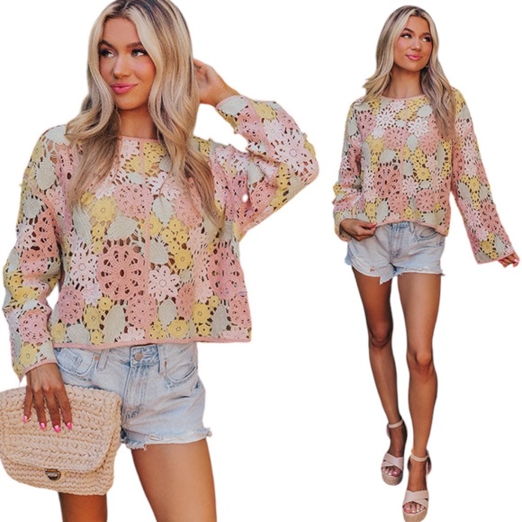Entro Knit Crochet Floral Multi Color Pastel Cropped Long Sleeve Lace Top Small - Picture 2 of 14